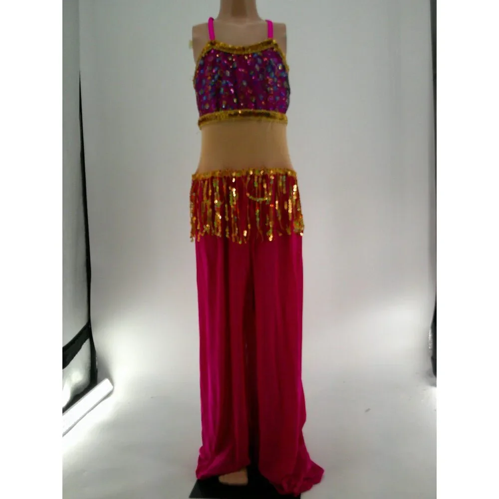 Pre-Owned Dance Costume Art Stone 26764 Medium Child Pink Jumpsuit Jazz Sequin